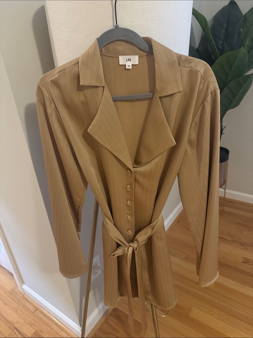 LPA Tan Pinstripe Button-Front Wrap Top with Tie